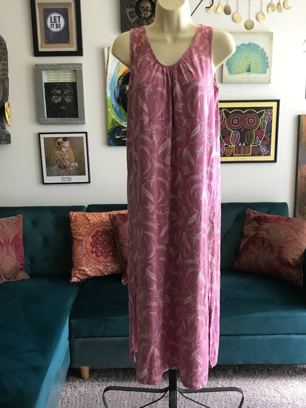 GARNET HILL size XS Green Cotton Sleeveless Mauve Paisley Leaf Maxi Nightgown
